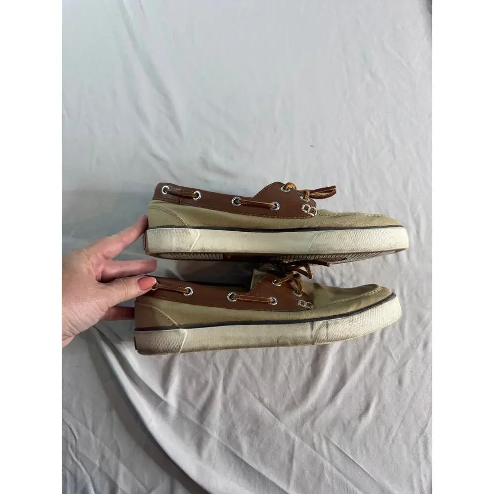 Polo Ralph Lauren Rylander Mens 8D Tan Canvas Leather Boat Shoes Preppy